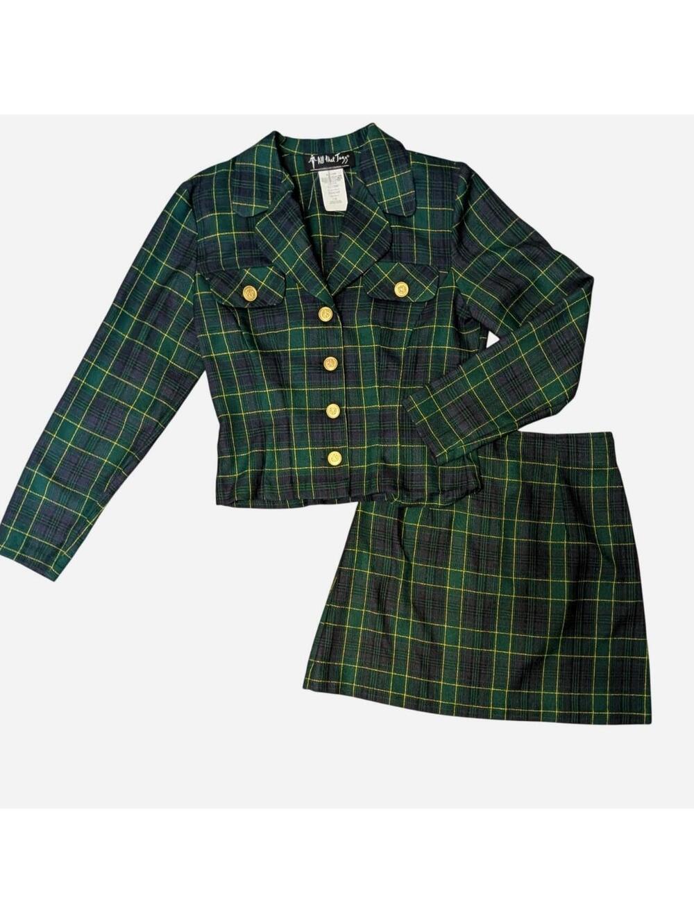 Vintage 1990s Green Plaid Skirt Suit Cropped Jacket Mini Skirt Gold Buttons XS/S